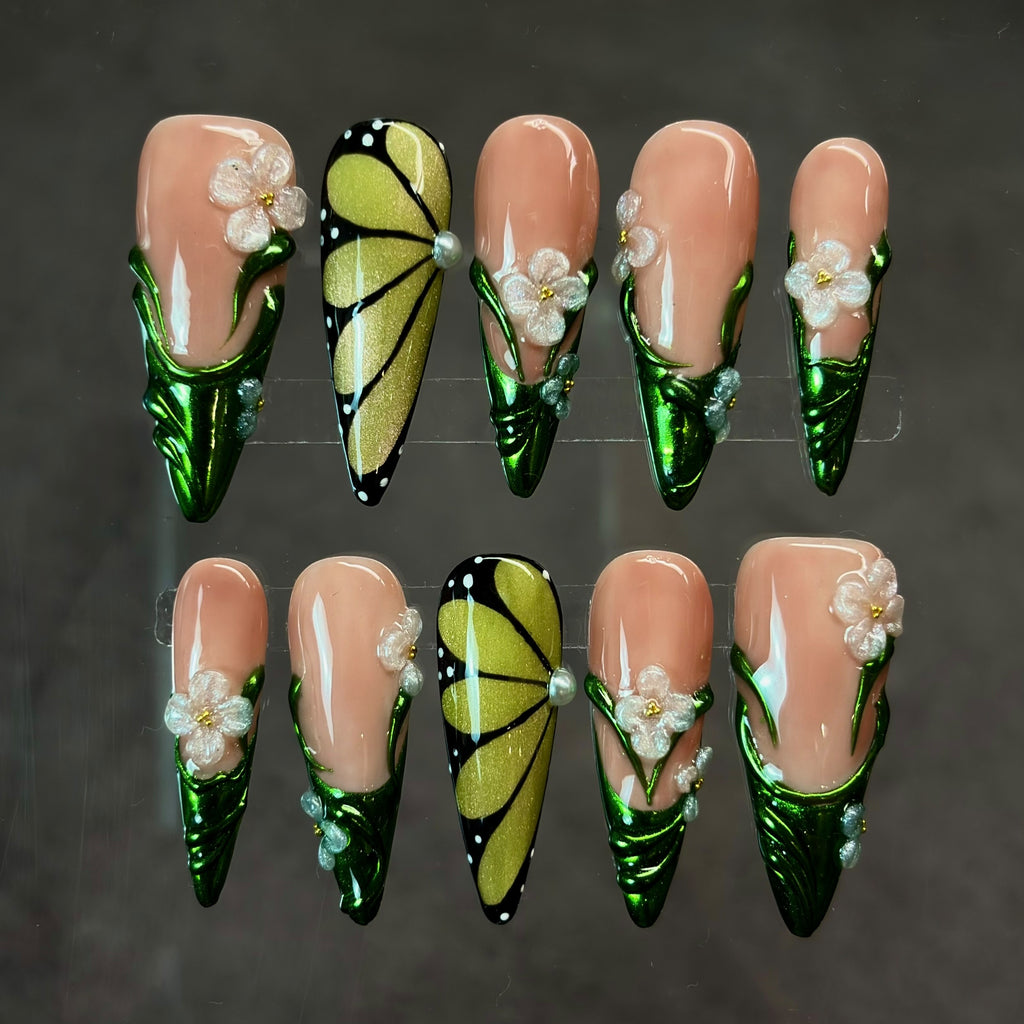 Emerald Butterfly Blossom Press-On Nails