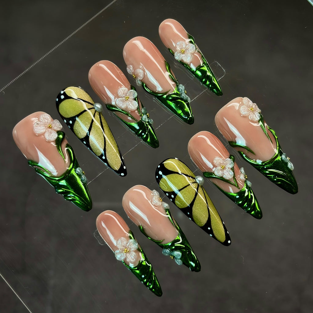 Emerald Butterfly Blossom Press-On Nails