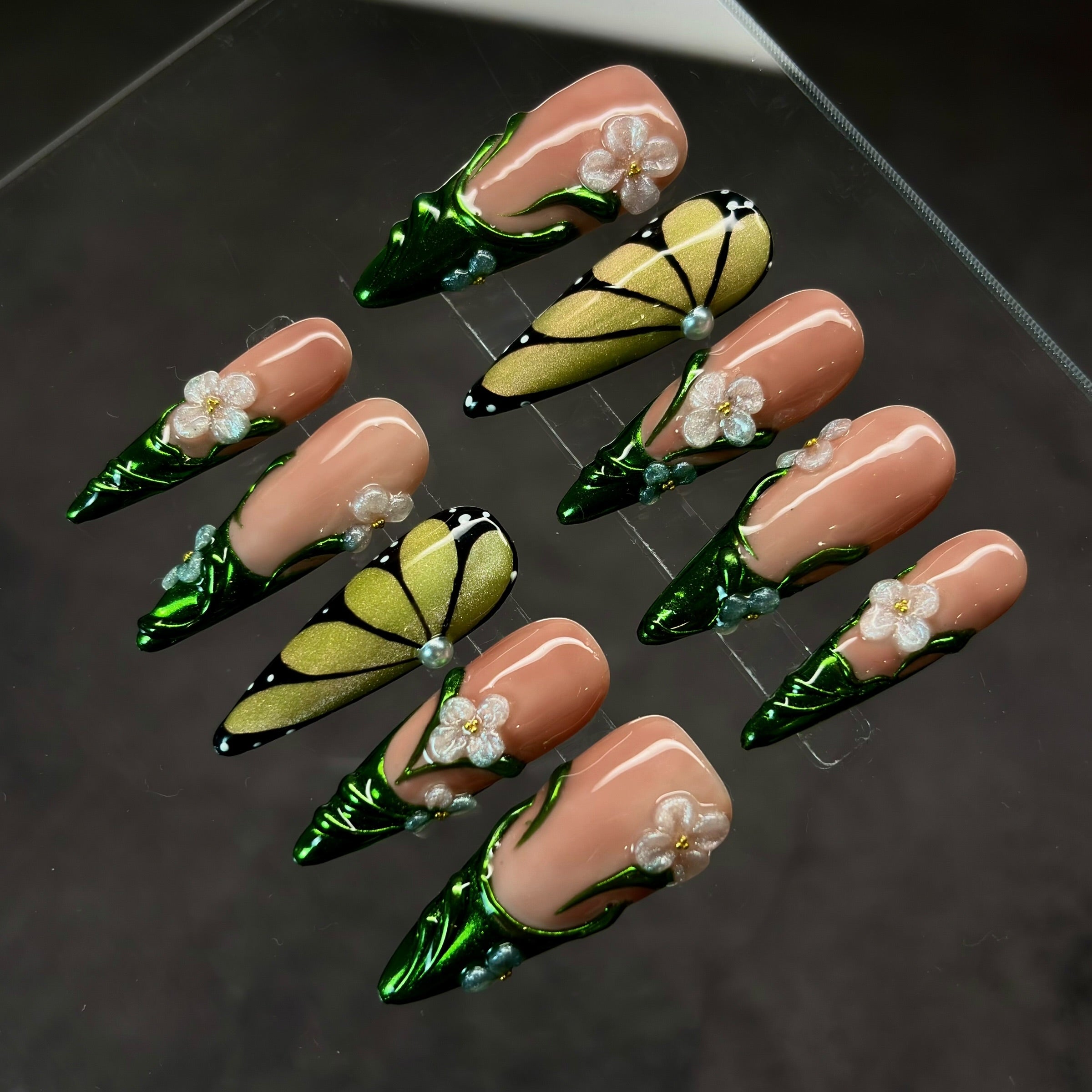Emerald Butterfly Blossom Press-On Nails